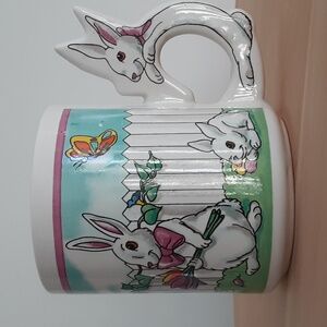 Easter Bunny White Rabbit Handle Cup Mug Spring Flowers Butterfly 8 oz
